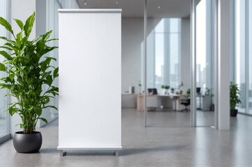 Pull up banner mockup stands in a stylish building hallway. Blank roll-up display for promotional or marketing content in a corporate interior.