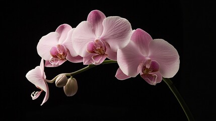 A pale pink orchid floating on a matte black background, creating a dramatic and elegant floral portrait