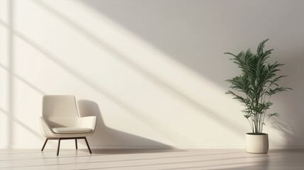 A Serene Minimalist Interior Featuring A Chair And A Plant