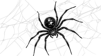 Drawing of a spider on a web. White background.