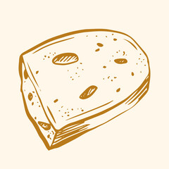 A piece of bread doodle vector illustration, brown outline on beige background, sketch drawing, engraving