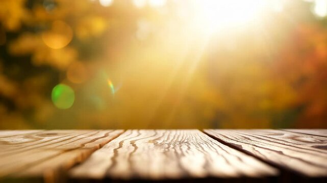 A wooden table with a view of trees and a bright sun. The table is empty and the view is of a forest with trees in the background