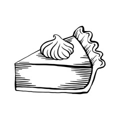 Pumpkin pie slice  outline drawing, vector illustration, engraving, black line on a white background