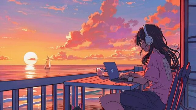 The lofi girl is outside room, sits at her desk lights balcony ocean, works on her laptop vibrant garden, tree with puppy is playing. sunlight, 2D anime-style cute Lofi hip-hop music loop animation