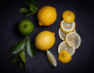 Yellow flat lay of sliced lemons. 
