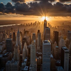 An aerial drone shot of a bustling city skyline at sunrise. The golden rays of the morning sun reflect off the skyscrapers, casting long shadows on the quiet streets below