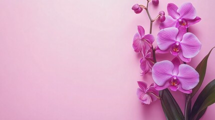 Fototapeta premium A vibrant purple orchid in full bloom, set against a pastel pink background for a soft and elegant contrast
