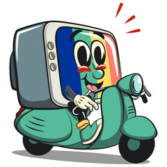 vintage tv monitor cartoon character mascot retro vector design riding a scooter, work of hand drawn