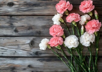 Pink & White Carnations on Rustic Wood Background