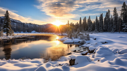 Obraz premium Stunning winter sunset over river with snowy banks and trees reflecting in tranquil water