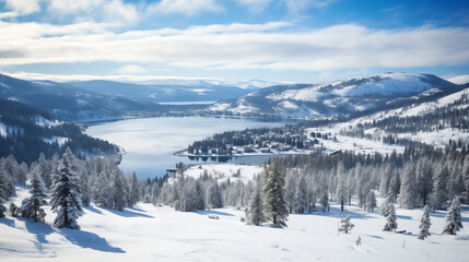 Majestic winter landscape featuring a snow-covered lake, towering mountains, and a serene village nestled in the valley
