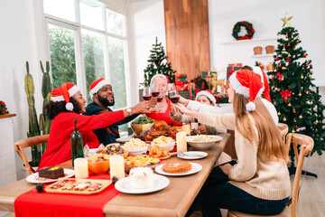 Joyful Christmas Dinner Celebration, Family Friends Gather Around the Table Meal, Enjoying Delicious Food and Drinks in Beautifully Decorated Home, Creating Happy Memories During Holiday Event