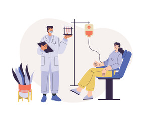 Blood Donation with Woman Donor Character Donating Blood Vector Illustration