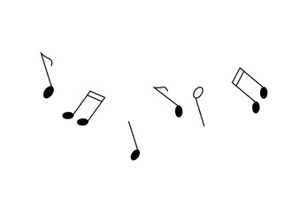 Fototapeta premium Simple black music notes on a white background scattered randomly around. Ideal for music education graphics, musical event flyers, app icons, wallpaper design, and stationary decoration. Minimalist