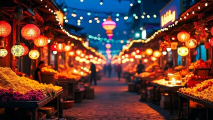 Naklejka premium Vibrant stock photography of Diwali night with glowing lanterns and intricate colorful decorations, illuminating the streets under the dark sky
