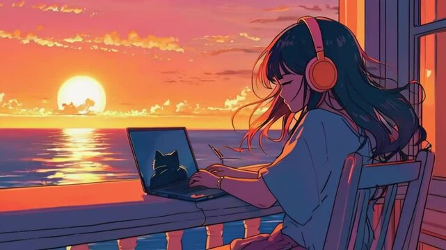 The lofi girl is outside room, sits at her desk lights balcony ocean, works on her laptop vibrant garden, tree with puppy is playing. sunlight, 2D anime-style cute Lofi hip-hop music loop animation