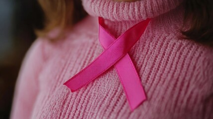 Closeup of pink badge ribbon on woman chest to support breast cancer cause. Healthcare, medicine and breast cancer awareness concept