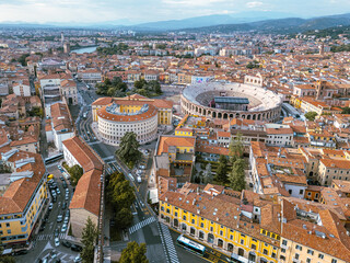 Italy, September 22, 2024: Panoramic aerial view of the city of Verona in Veneto. Also called the city of love with its arena and the Adige river