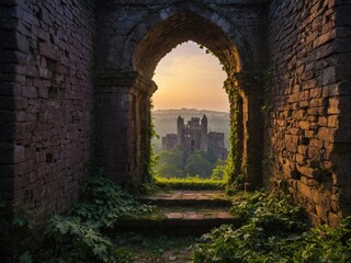 Obraz premium Old stone archway leading to medieval castle on hill in distance, surrounded by lush green foliage and warm sunset sky