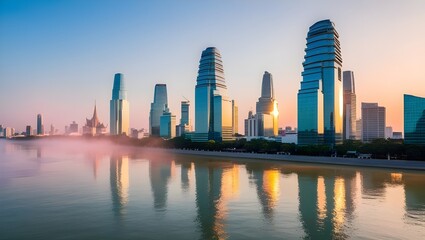 Obraz premium Bangkok City Sunrise Reflection on River, Panoramic View of Light Blue Background, Glass High-Rise Building Skyscraper, Commercial Future, Business Concept of Success, Industry Tech Architecture