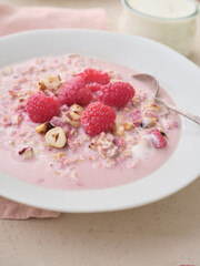 Overnight oats with various toppings. Fitness healthy organic breakfast in a bowl
