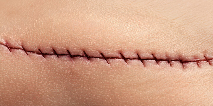 Close-up of a surgical scar with stitches, detailed view of sutured wound, macro of healing skin with stitches, post-surgery scar close-up, realistic depiction of stitched wound, medical image of scar