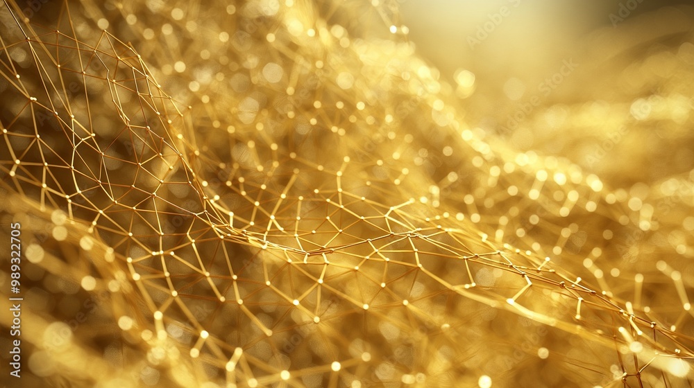 Wall mural An intricate web of golden threads, woven tightly together to form a dense, textured backdrop that glimmers mysteriously in the light.