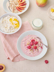 Overnight oats with various toppings. Fitness healthy organic breakfast in a bowl