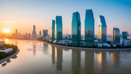 Fototapeta premium Bangkok City Sunrise Reflection on River, Panoramic View of Light Blue Background, Glass High-Rise Building Skyscraper, Commercial Future, Business Concept of Success, Industry Tech Architecture