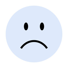 A blue circle with a downturned mouth and black oval eyes conveys sadness or disappointment. Ideal for emotion, mental health, communication, social media, digital art. Cartoon style, minimal.