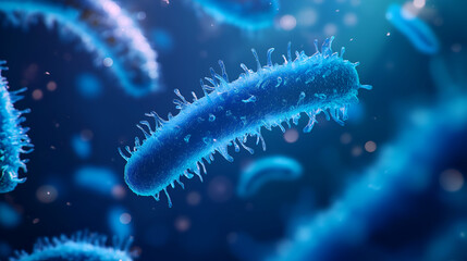 Fototapeta premium Highly detailed close-up of blue bacteria in a microscopic view, vibrant scientific illustration of bacterial cells, microbiology concept image with high magnification, realistic depiction of bacteria