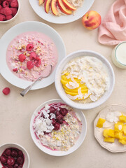 Overnight oats with various toppings. Fitness healthy organic breakfast in a bowl