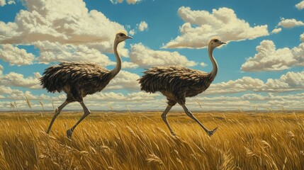 Two Ostriches Running Through Golden Grass