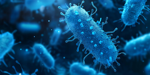 Fototapeta premium highly detailed microscopic image of blue bacteria with complex surface structures, medical science concept, bacteria under high magnification, intricate cellular details, bacterial microorganism in b