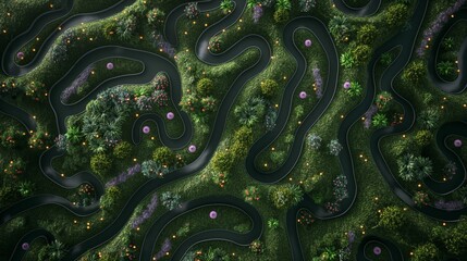 An overhead 3D image of a vertical garden designed as a green labyrinth, with pathways of creeping ivy and spots of colorful blossoms.