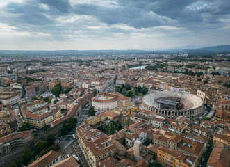 Italy, September 22, 2024: Panoramic aerial view of the city of Verona in Veneto. Also called the city of love with its arena and the Adige river