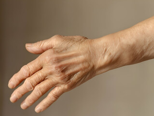 Fototapeta premium macro shot of elderly woman's hand showing signs of aging and skin texture, detailed view of aged skin, wrinkles and fine lines on senior hand, close-up of aging process on human skin, realistic depic