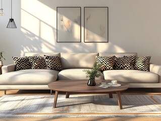 Cozy and Elegant Living Room with Wooden Furniture Decorative Vase and Lush Greenery  Minimalist and Contemporary Design with Warm Lighting and Inviting Ambiance