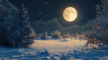 Naklejka premium Christmas Night and the Snow Fields of North Pole With Full Moon Background. Generative Ai