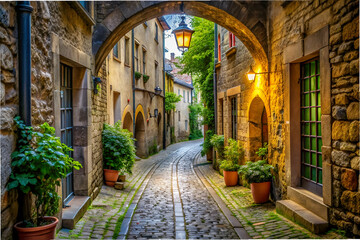 Fototapeta premium A narrow cobblestone street with a green archway and potted plants on either side. The street is lined with old buildings and has a warm, inviting atmosphere