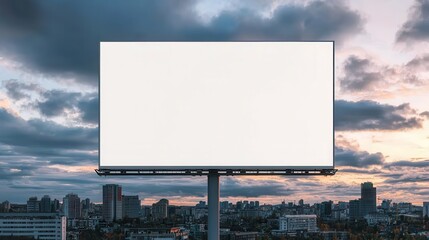 Fototapeta premium A blank billboard stands against a dramatic sky, overlooking a city skyline as dusk approaches.