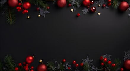 Obraz premium Christmas Border Frame With Red Ornaments And Pine Branches