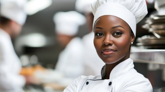 A professional African American female chef exudes confidence in a bustling kitchen environment