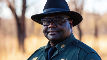 An Indigenous Australian park ranger stands confidently in uniform at a national park