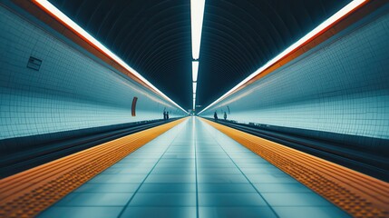 A long, sleek subway platform is illuminated by bright overhead lights, creating a futuristic atmosphere with clean lines and minimalistic design.