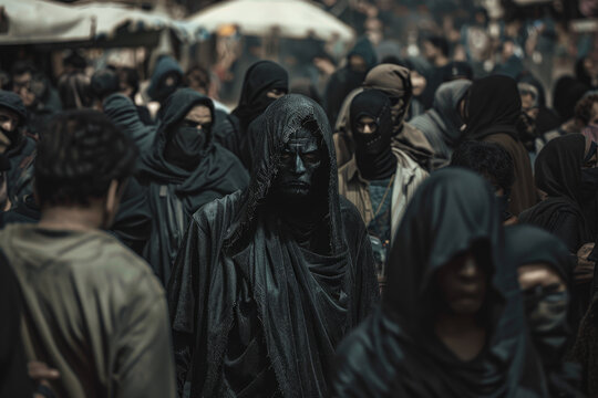A crowd of people wearing black cloaks and hoods