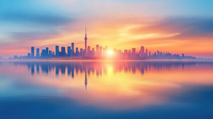 Fototapeta premium Skyscrapers in a smart city shimmer in water, reflecting warm sunlight's beauty