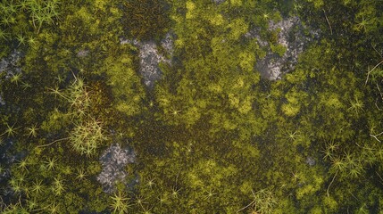 An overhead view of a bog with a mossy surface, the texture wet and soft, perfect for graphic materials promoting ecotourism and adventure.