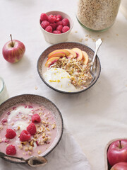 Overnight oats with various toppings. Fitness healthy organic breakfast in a bowl