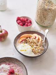 Overnight oats with various toppings. Fitness healthy organic breakfast in a bowl